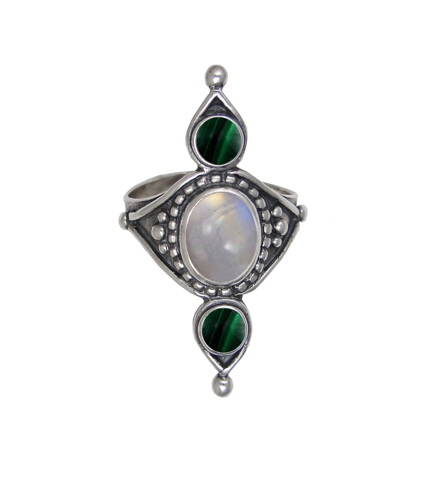 Sterling Silver Royal Ring With Rainbow Moonstone And Malachite Size 9